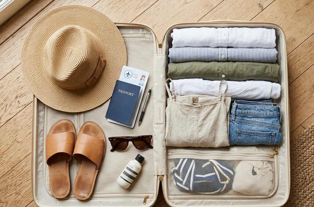 Gepackter Koffer für den Sommerurlaub 2026, flach von oben fotografiert