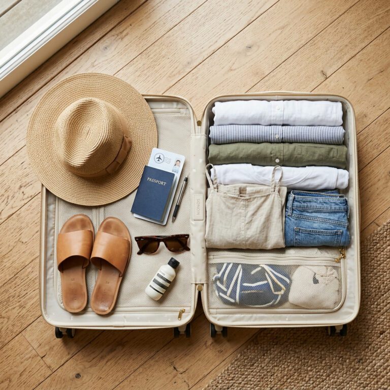 Gepackter Koffer für den Sommerurlaub 2026, flach von oben fotografiert