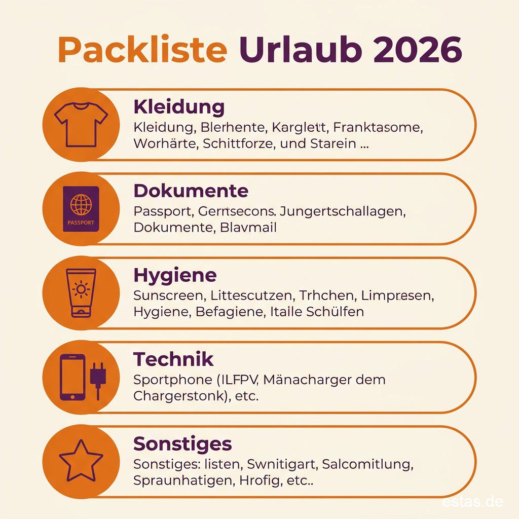Infografik: Packliste Urlaub 2026 mit den Kategorien Kleidung, Dokumente, Hygiene, Technik und Sonstiges