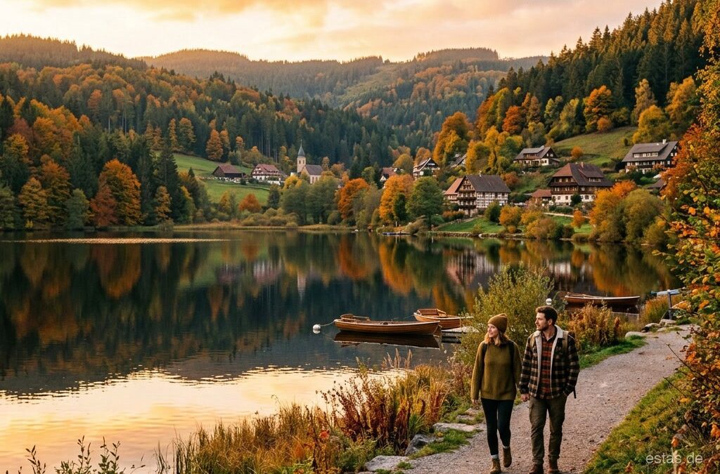 Herbstliche Landschaft im Schwarzwald mit See als Sinnbild fuer einen Kurzurlaub in Deutschland