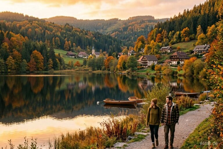 Herbstliche Landschaft im Schwarzwald mit See als Sinnbild fuer einen Kurzurlaub in Deutschland