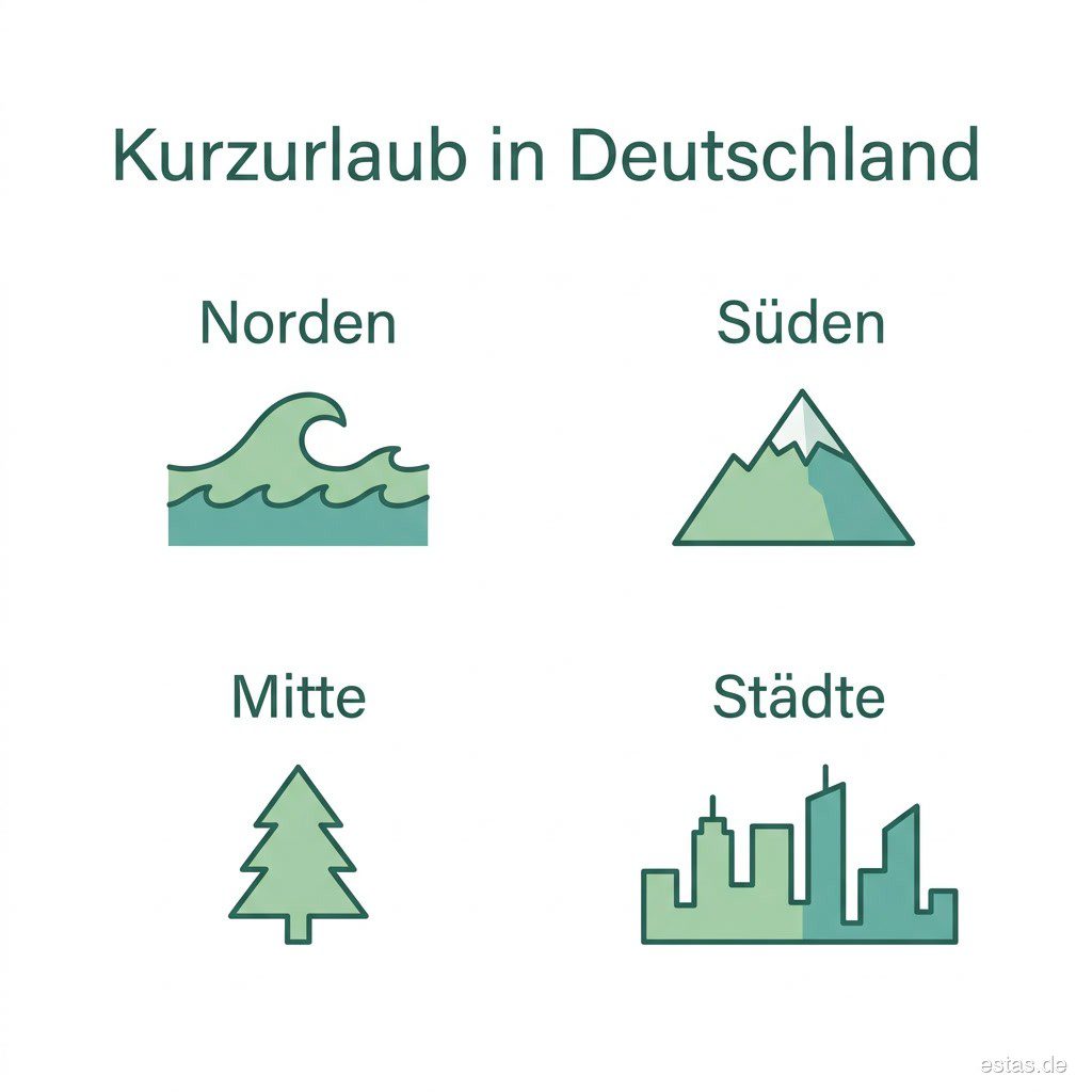 Infografik: Vier Kurzurlaub-Regionen in Deutschland - Norden, Süden, Mitte und Städtetrips
