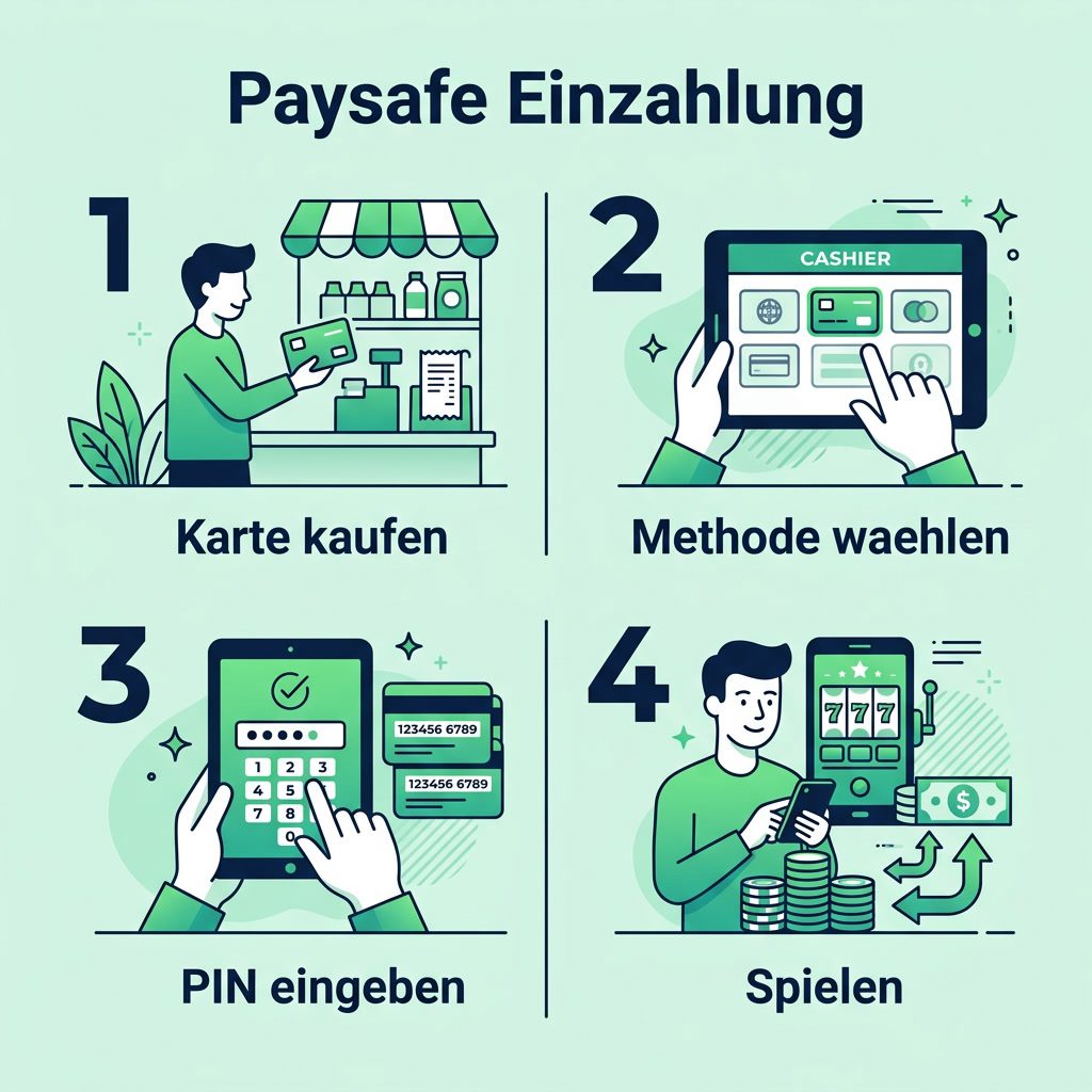 Online Casino mit Paysafe: Anleitung in 4 Schritten 2 Infografik: Paysafe-Einzahlung im Online Casino in vier Schritten
