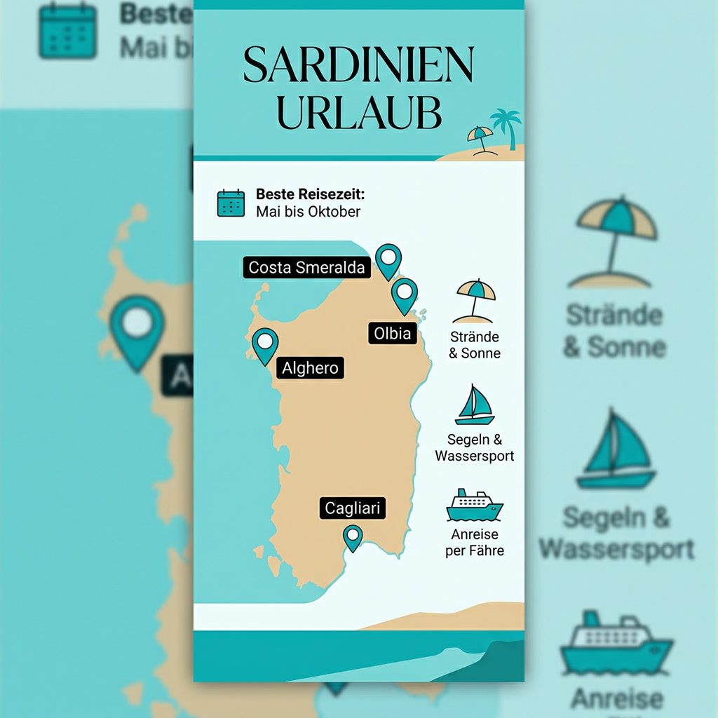 Infografik zum Sardinien Urlaub mit Regionen, bester Reisezeit und Anreisewegen